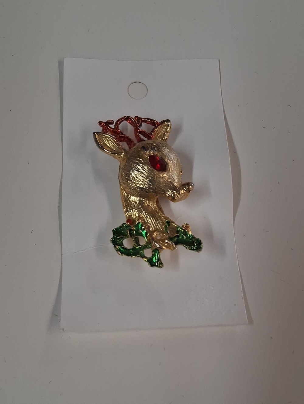 Gold Reindeer Pin with Red Eye and Green Holly Accent - Kids Jewelry